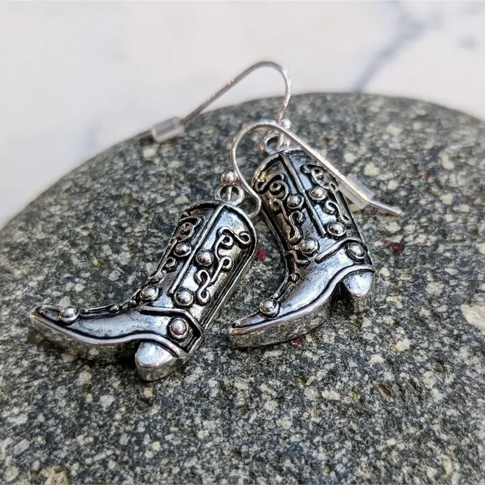 BOOTS Silver Western Cowgirl Cowboy Boots Hook Earrings with a Distressed Look